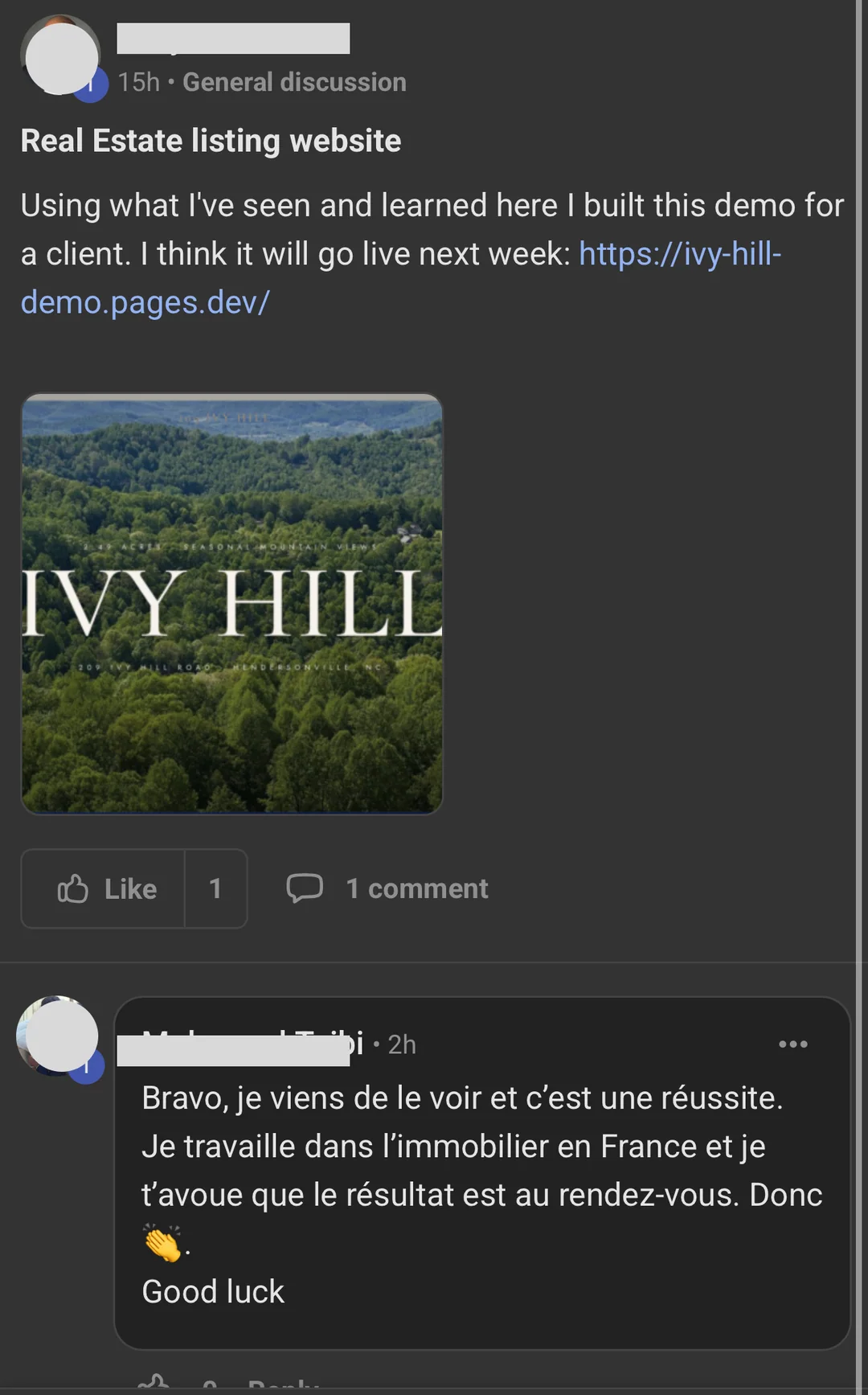 Client feedback calling a Hyliox student's real-estate website a success