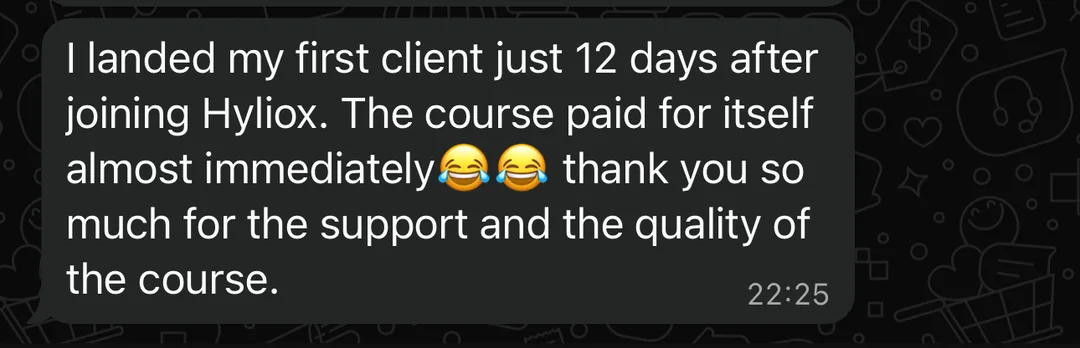 Student message saying they landed their first client 12 days after joining Hyliox