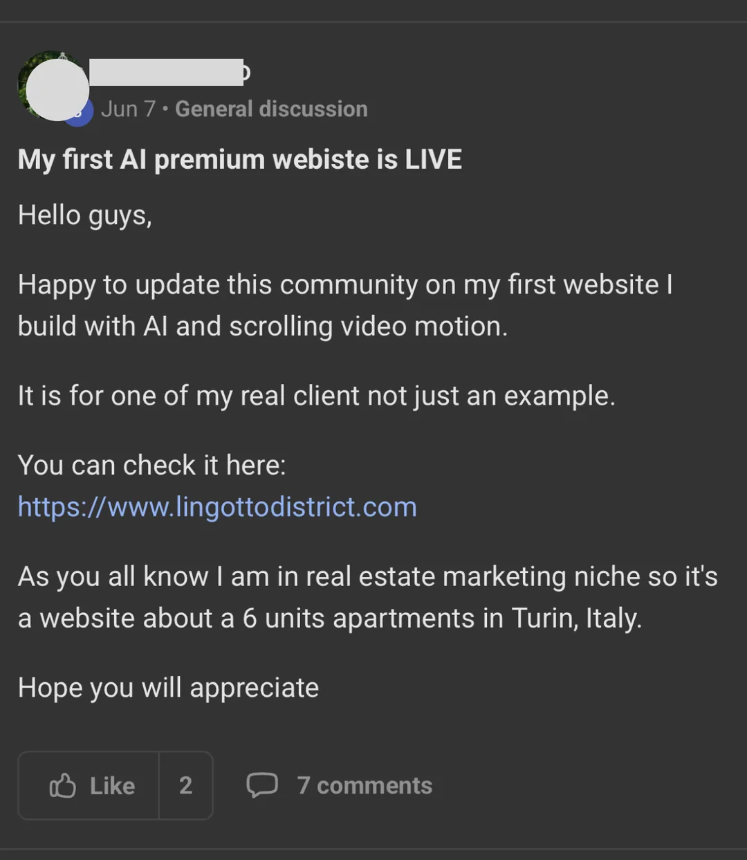 Hyliox student sharing their first premium AI website built for a real client