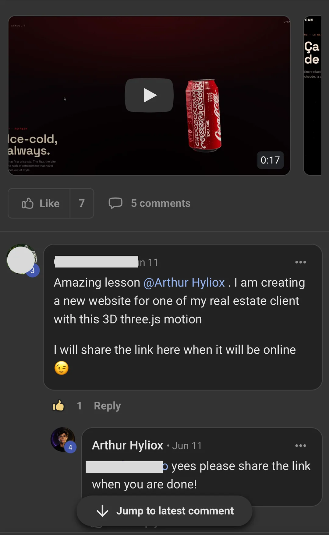 Student explaining that a Hyliox lesson inspired a new client website