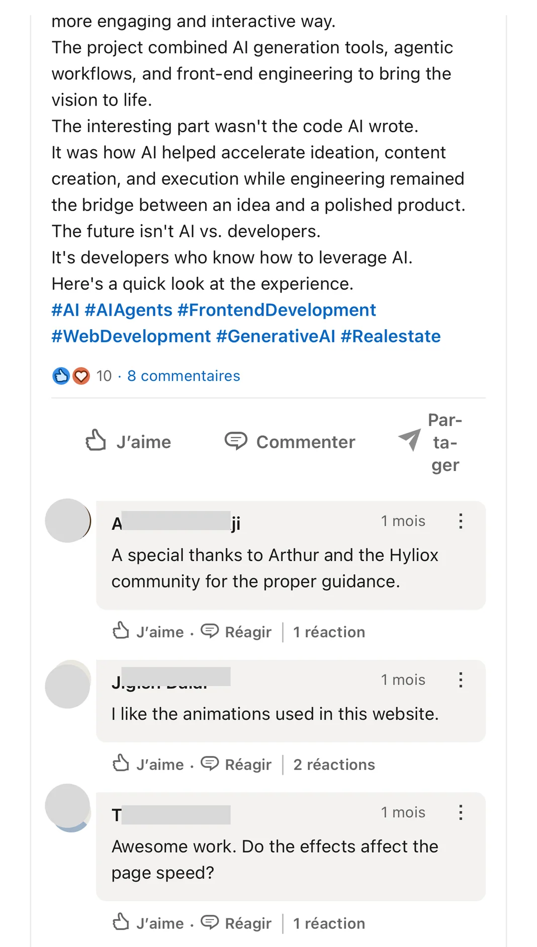 LinkedIn comments praising a Hyliox student's website animations and performance